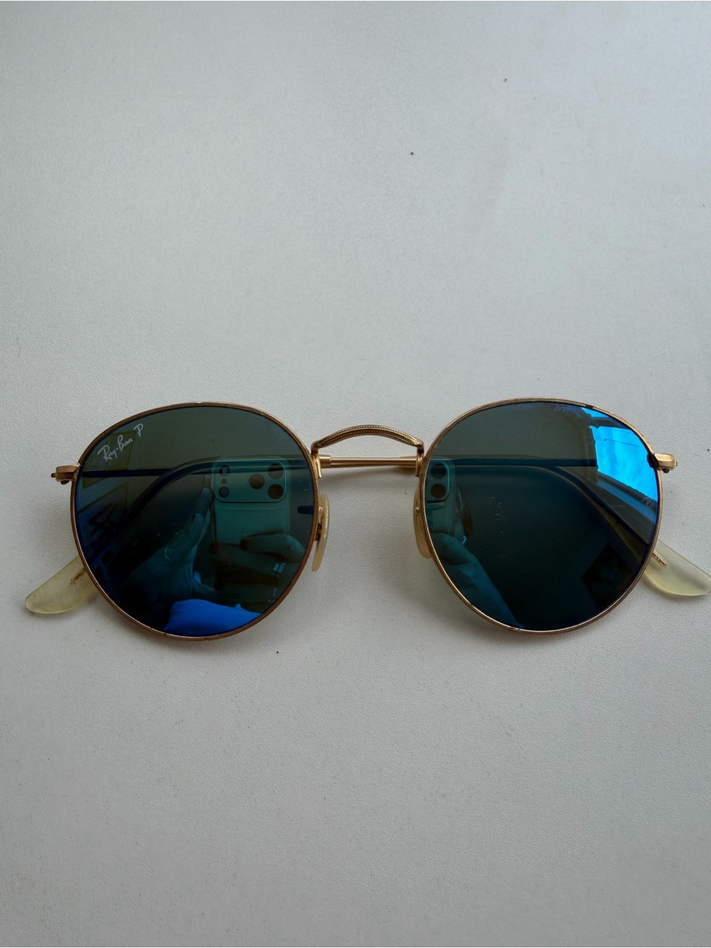 Ray-Ban Gold Frame Sunglasses with Blue Mirrored Lenses